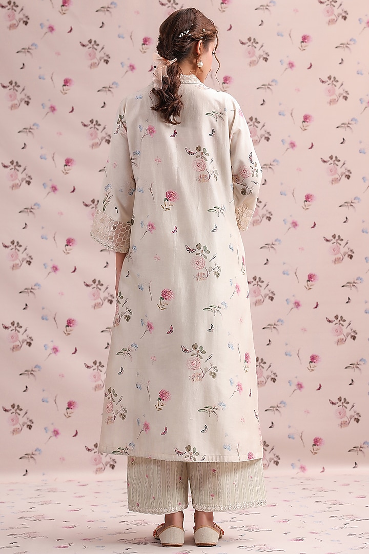 Ivory Silk Chanderi Printed & Embroidered Kurta Set by Niti Bothra at Pernia's Pop Up Shop