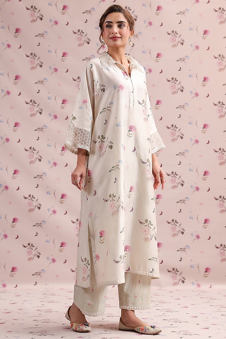 Ivory Silk Chanderi Printed & Embroidered Kurta Set by Niti Bothra at Pernia's Pop Up Shop