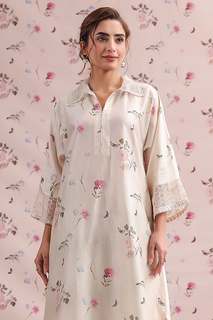 Ivory Silk Chanderi Printed & Embroidered Kurta Set by Niti Bothra at Pernia's Pop Up Shop