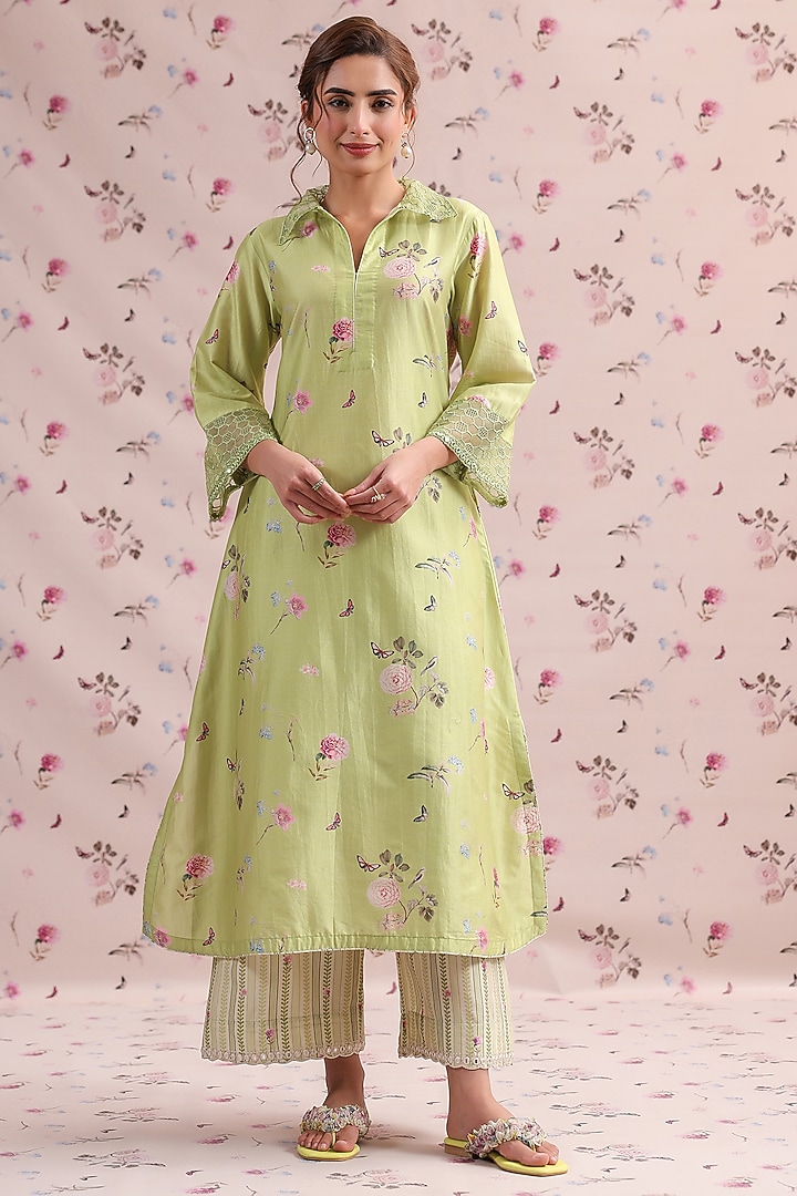 Light Green Silk Chanderi Printed & Embroidered Kurta Set by Niti Bothra at Pernia's Pop Up Shop