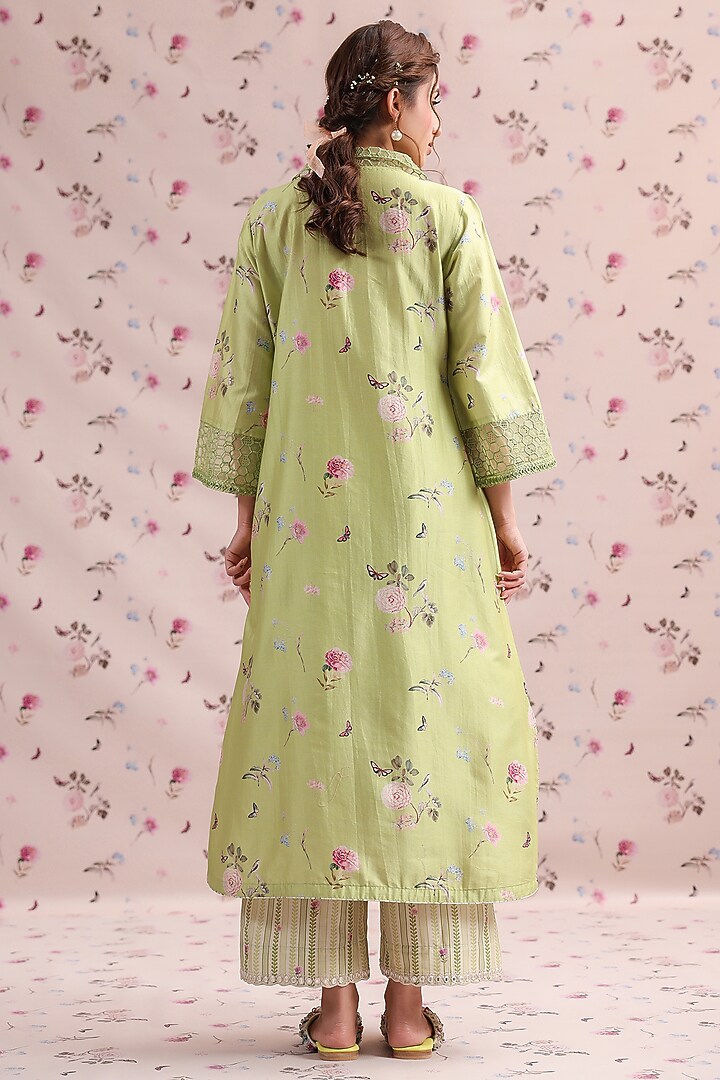 Light Green Silk Chanderi Printed & Embroidered Kurta Set by Niti Bothra at Pernia's Pop Up Shop