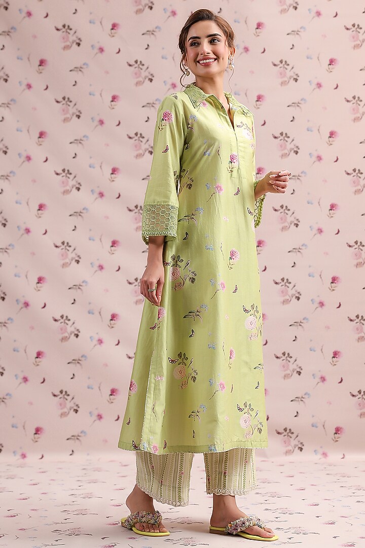 Light Green Silk Chanderi Printed & Embroidered Kurta Set by Niti Bothra at Pernia's Pop Up Shop