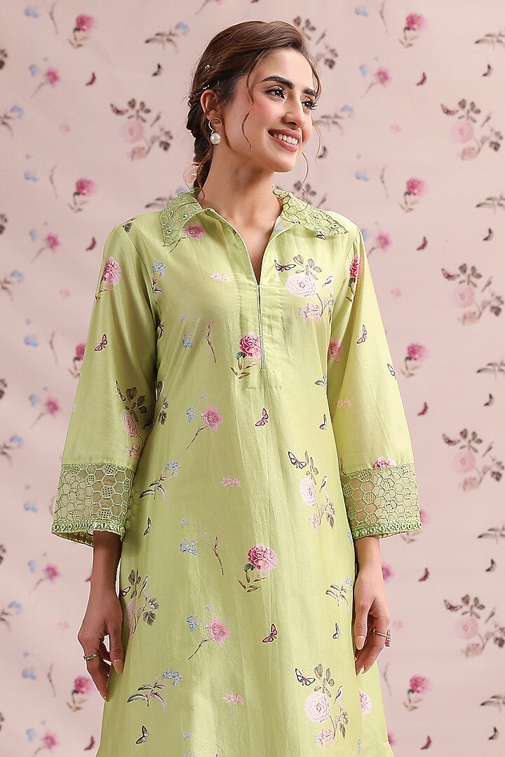 Light Green Silk Chanderi Printed & Embroidered Kurta Set by Niti Bothra at Pernia's Pop Up Shop