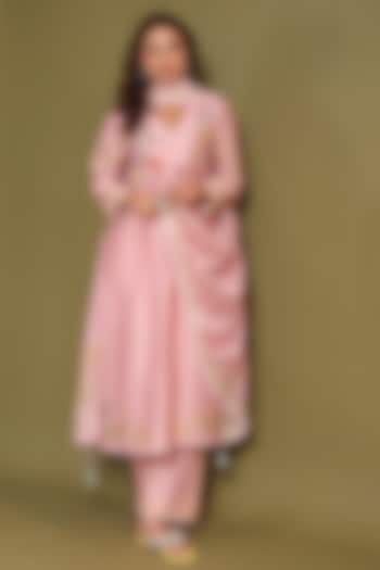 Light Pink Silk Chanderi Printed & Bead Embroidered Kurta Set by Niti Bothra at Pernia's Pop Up Shop