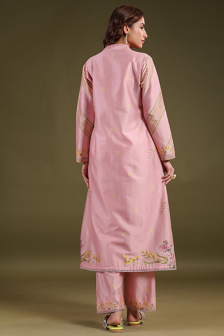 Light Pink Silk Chanderi Printed & Bead Embroidered Kurta Set by Niti Bothra at Pernia's Pop Up Shop