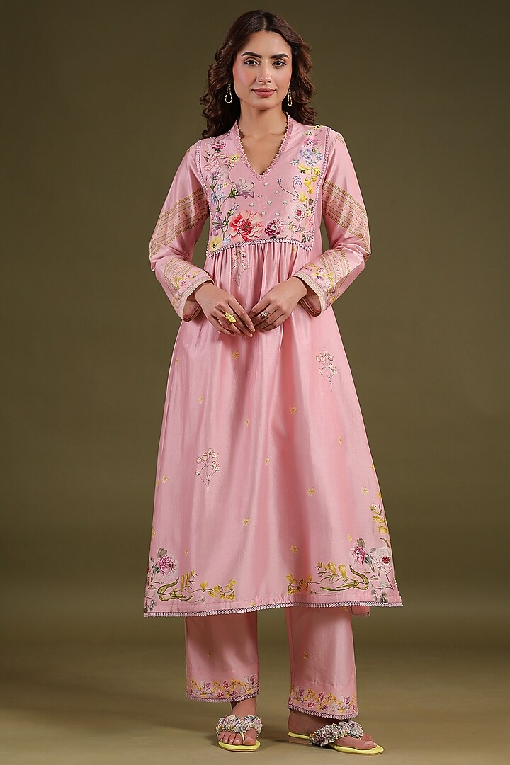 Light Pink Silk Chanderi Printed & Bead Embroidered Kurta Set by Niti Bothra at Pernia's Pop Up Shop