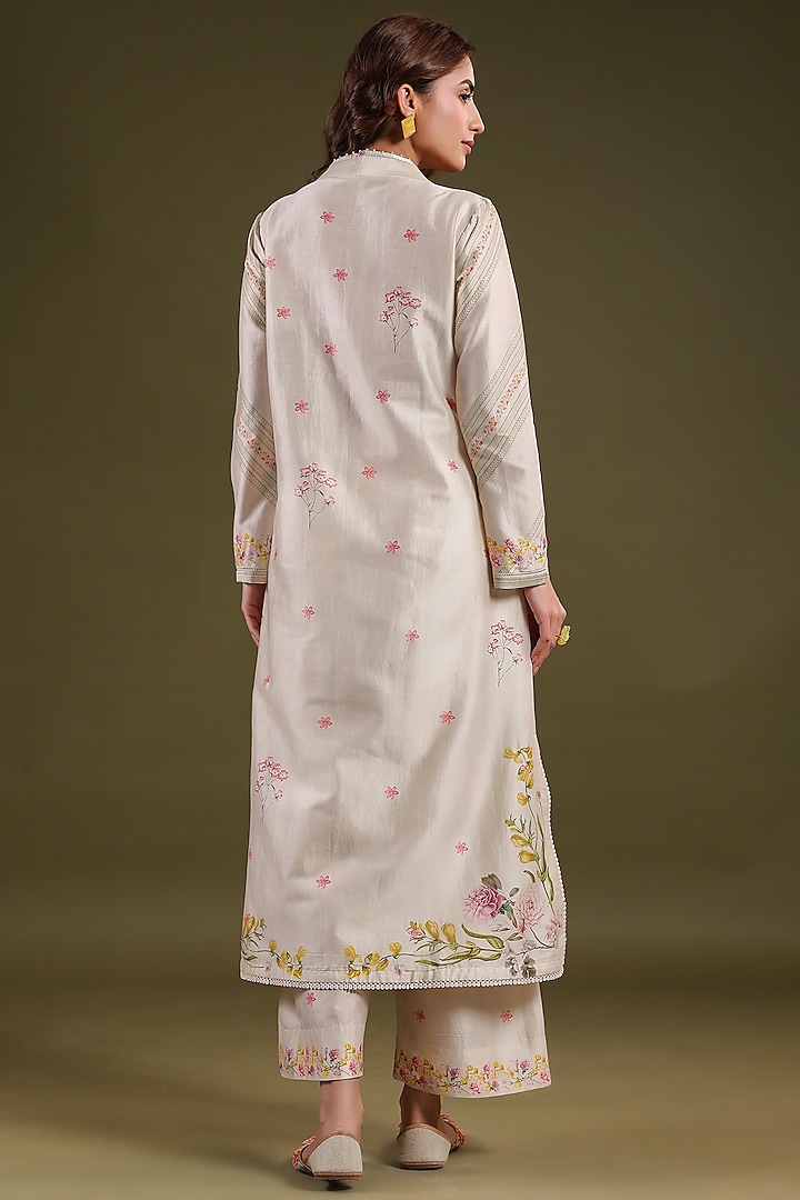 Ivory Silk Chanderi Printed & Bead Embroidered Kurta Set by Niti Bothra at Pernia's Pop Up Shop
