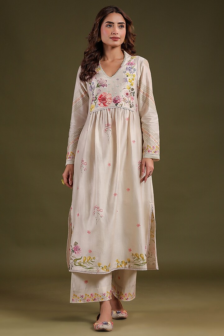 Ivory Silk Chanderi Printed & Bead Embroidered Kurta Set by Niti Bothra at Pernia's Pop Up Shop