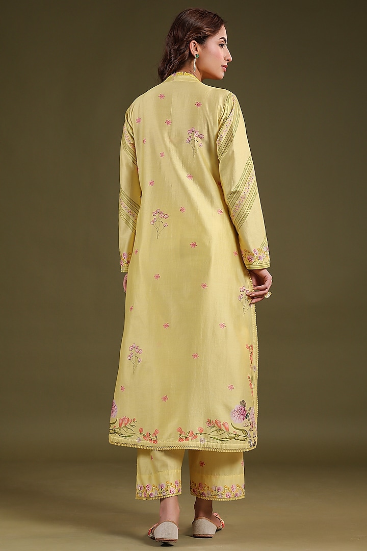 Yellow Silk Chanderi Printed & Bead Embroidered Kurta Set by Niti Bothra at Pernia's Pop Up Shop