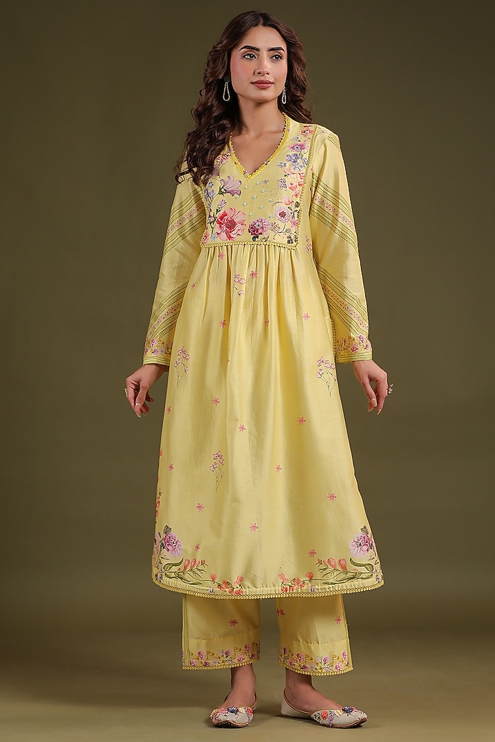 Yellow Silk Chanderi Printed & Bead Embroidered Kurta Set by Niti Bothra at Pernia's Pop Up Shop