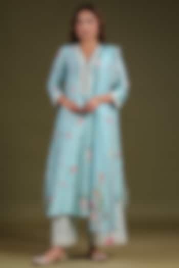 Light Blue Silk Chanderi Printed & Mirror Embroidered Kurta Set by Niti Bothra at Pernia's Pop Up Shop