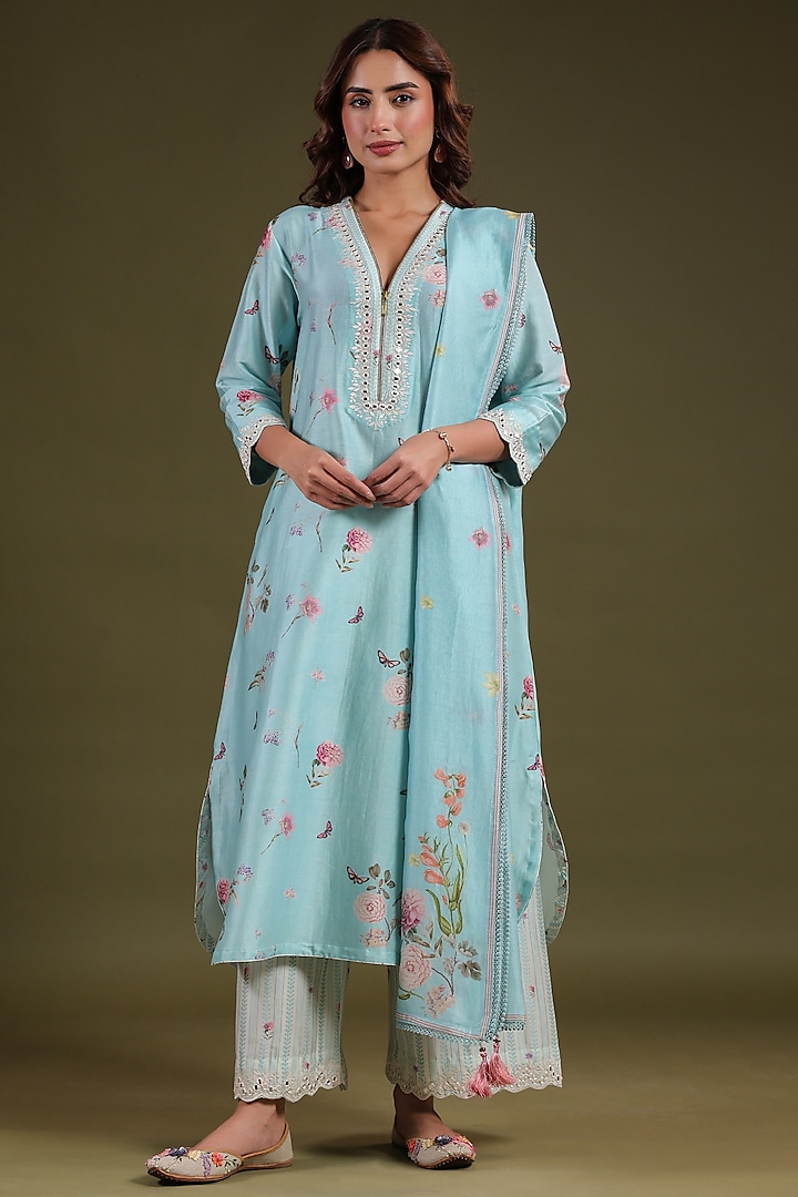 Light Blue Silk Chanderi Printed & Mirror Embroidered Kurta Set by Niti Bothra at Pernia's Pop Up Shop