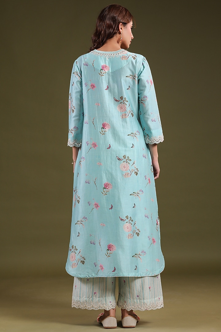 Light Blue Silk Chanderi Printed & Mirror Embroidered Kurta Set by Niti Bothra at Pernia's Pop Up Shop