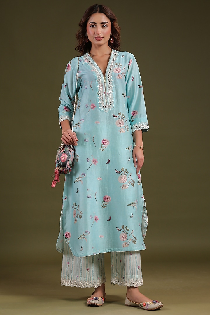 Light Blue Silk Chanderi Printed & Mirror Embroidered Kurta Set by Niti Bothra at Pernia's Pop Up Shop