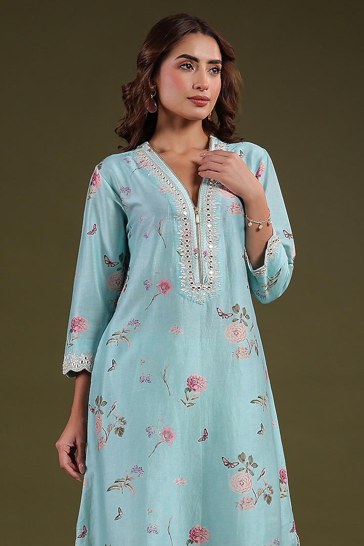 Light Blue Silk Chanderi Printed & Mirror Embroidered Kurta Set by Niti Bothra at Pernia's Pop Up Shop