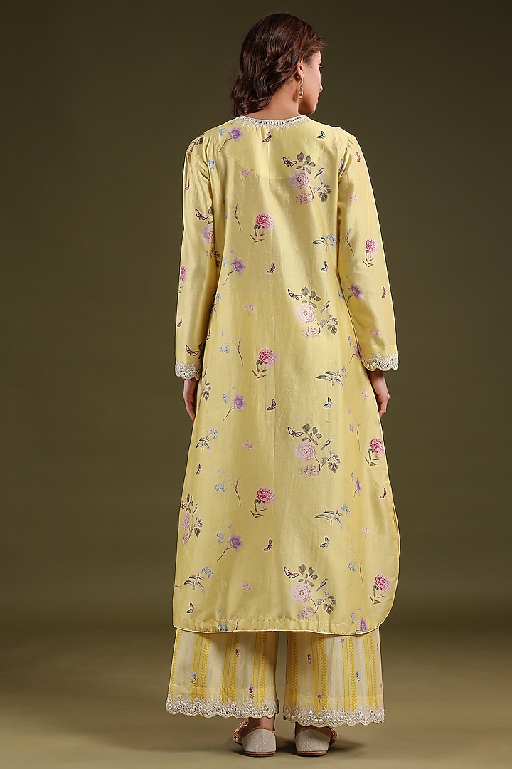 Yellow Silk Chanderi Printed & Mirror Embroidered Kurta Set by Niti Bothra at Pernia's Pop Up Shop