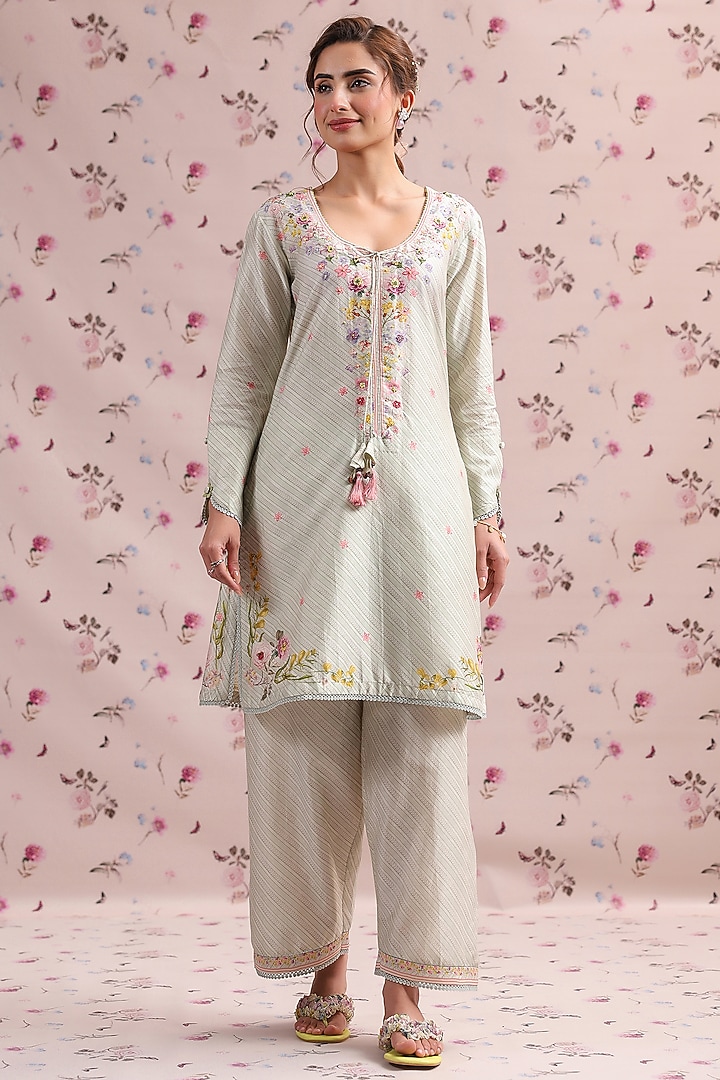 Sage Green Silk Chanderi Printed & Bead Embroidered Short Kurta Set by Niti Bothra at Pernia's Pop Up Shop