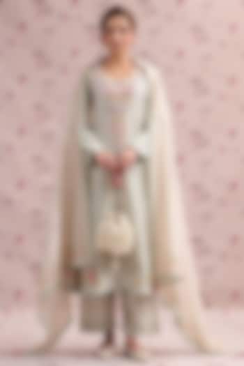 Sage Green Silk Chanderi Printed & Bead Embroidered Kurta Set by Niti Bothra at Pernia's Pop Up Shop