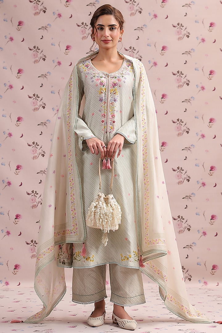 Sage Green Silk Chanderi Printed & Bead Embroidered Kurta Set by Niti Bothra at Pernia's Pop Up Shop