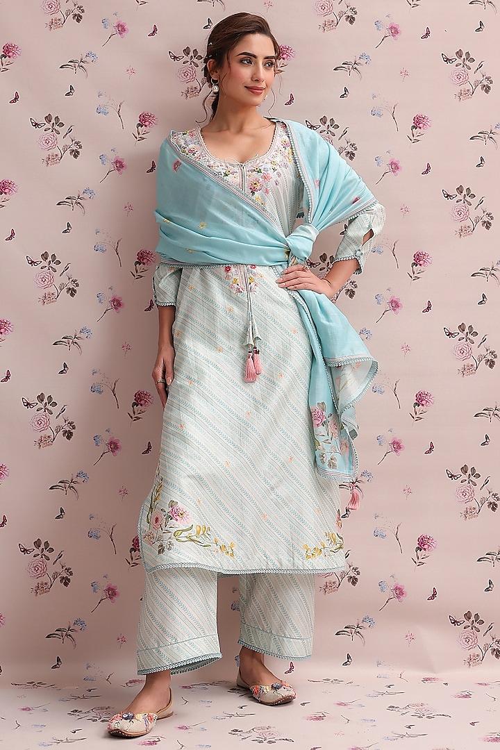 Light Blue Silk Chanderi Printed & Bead Embroidered Kurta Set by Niti Bothra at Pernia's Pop Up Shop