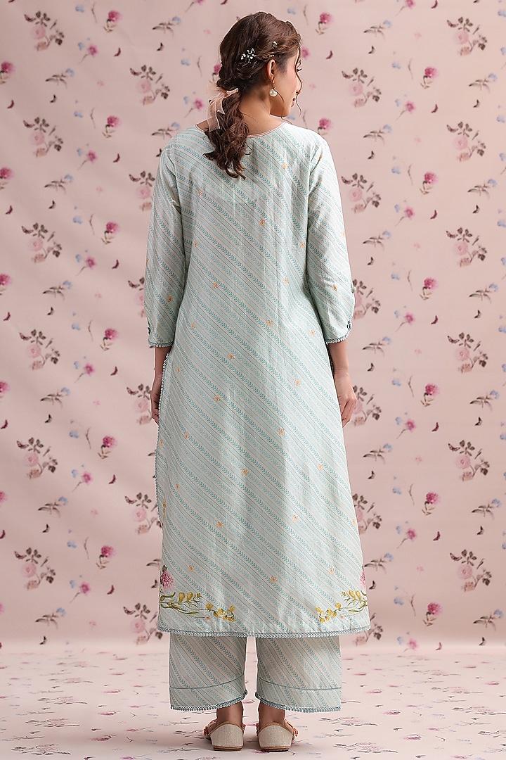 Light Blue Silk Chanderi Printed & Bead Embroidered Kurta Set by Niti Bothra at Pernia's Pop Up Shop
