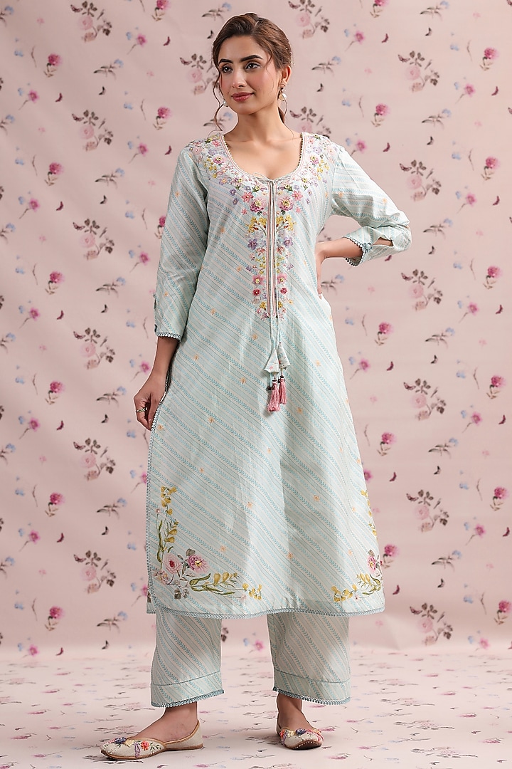 Light Blue Silk Chanderi Printed & Bead Embroidered Kurta Set by Niti Bothra at Pernia's Pop Up Shop