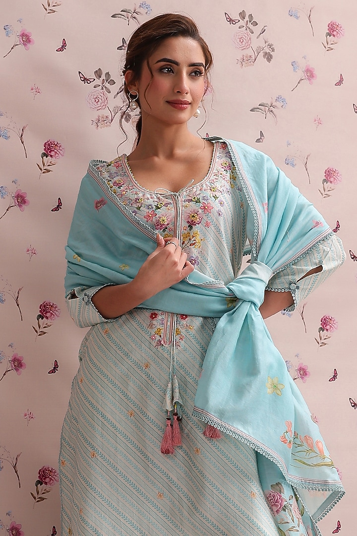 Light Blue Silk Chanderi Printed & Bead Embroidered Kurta Set by Niti Bothra at Pernia's Pop Up Shop