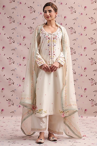 Ivory Silk Chanderi Printed & Bead Embroidered Kurta Set by Niti Bothra