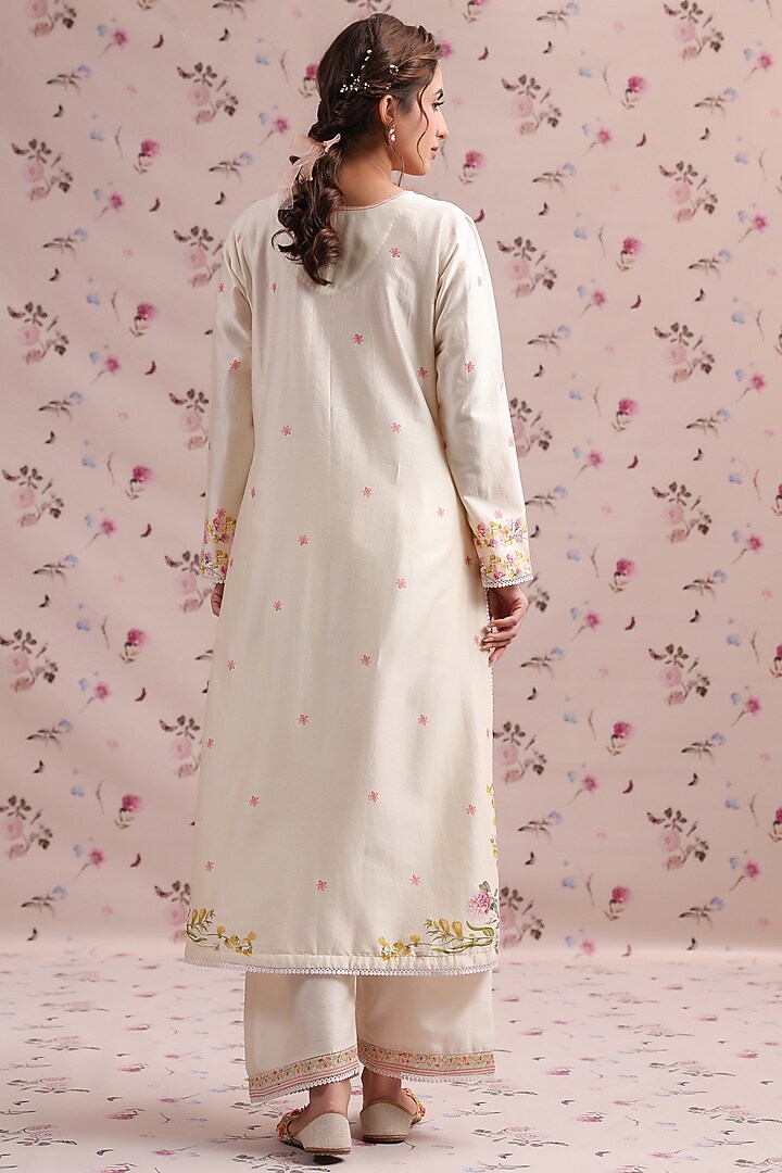 Ivory Silk Chanderi Printed & Bead Embroidered Kurta Set by Niti Bothra at Pernia's Pop Up Shop