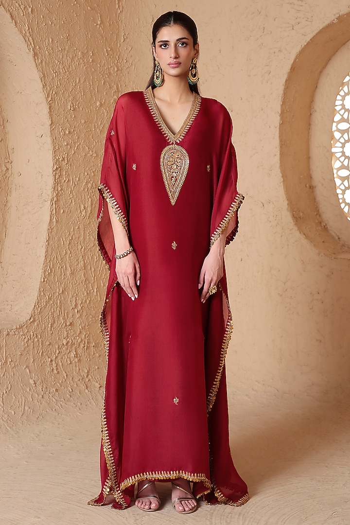 Maroon Organza Zardozi Embroidered Kaftan  by Niti Bothra at Pernia's Pop Up Shop
