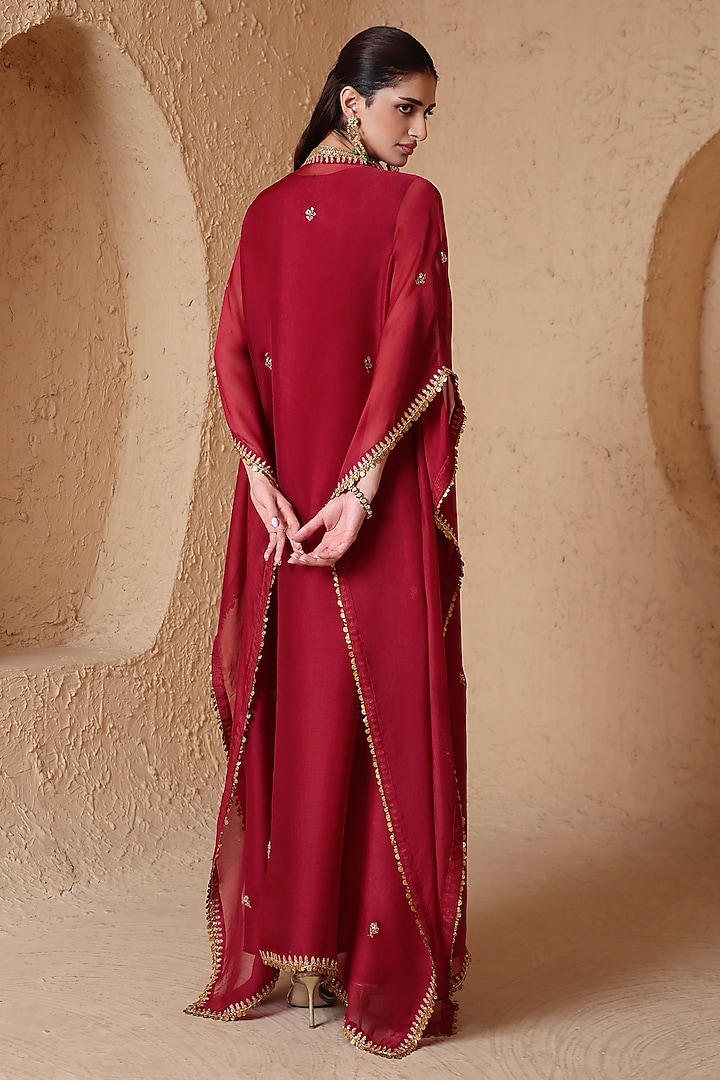Maroon Organza Zardozi Embroidered Kaftan by Niti Bothra at Pernia's Pop Up Shop