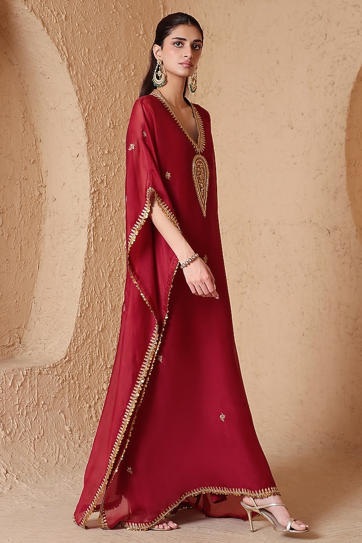 Maroon Organza Zardozi Embroidered Kaftan by Niti Bothra at Pernia's Pop Up Shop