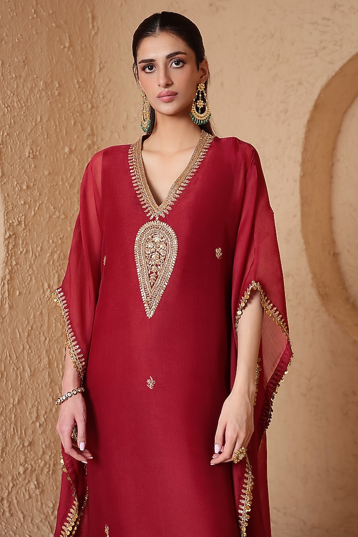 Maroon Organza Zardozi Embroidered Kaftan by Niti Bothra at Pernia's Pop Up Shop