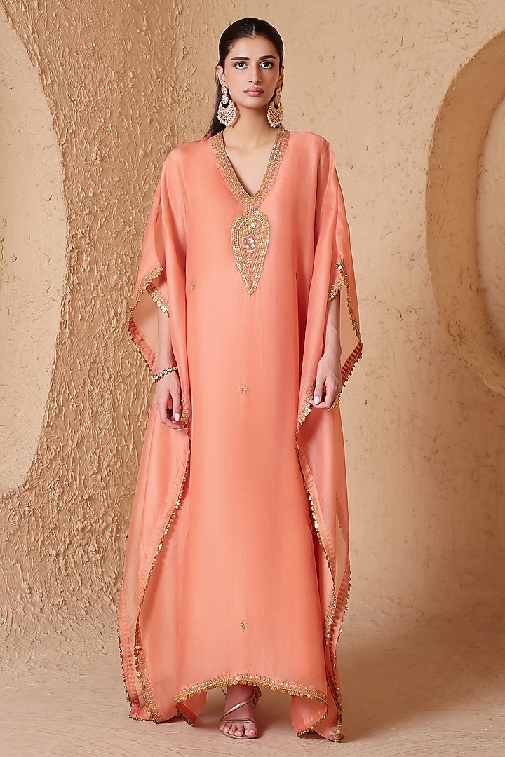 Peach Organza Zardozi Embroidered Kaftan by Niti Bothra at Pernia's Pop Up Shop
