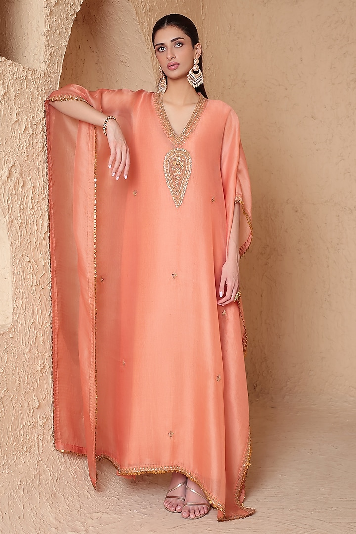 Peach Organza Zardozi Embroidered Kaftan by Niti Bothra at Pernia's Pop Up Shop