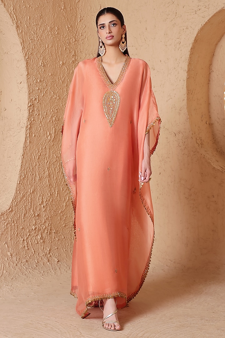Peach Organza Zardozi Embroidered Kaftan by Niti Bothra at Pernia's Pop Up Shop