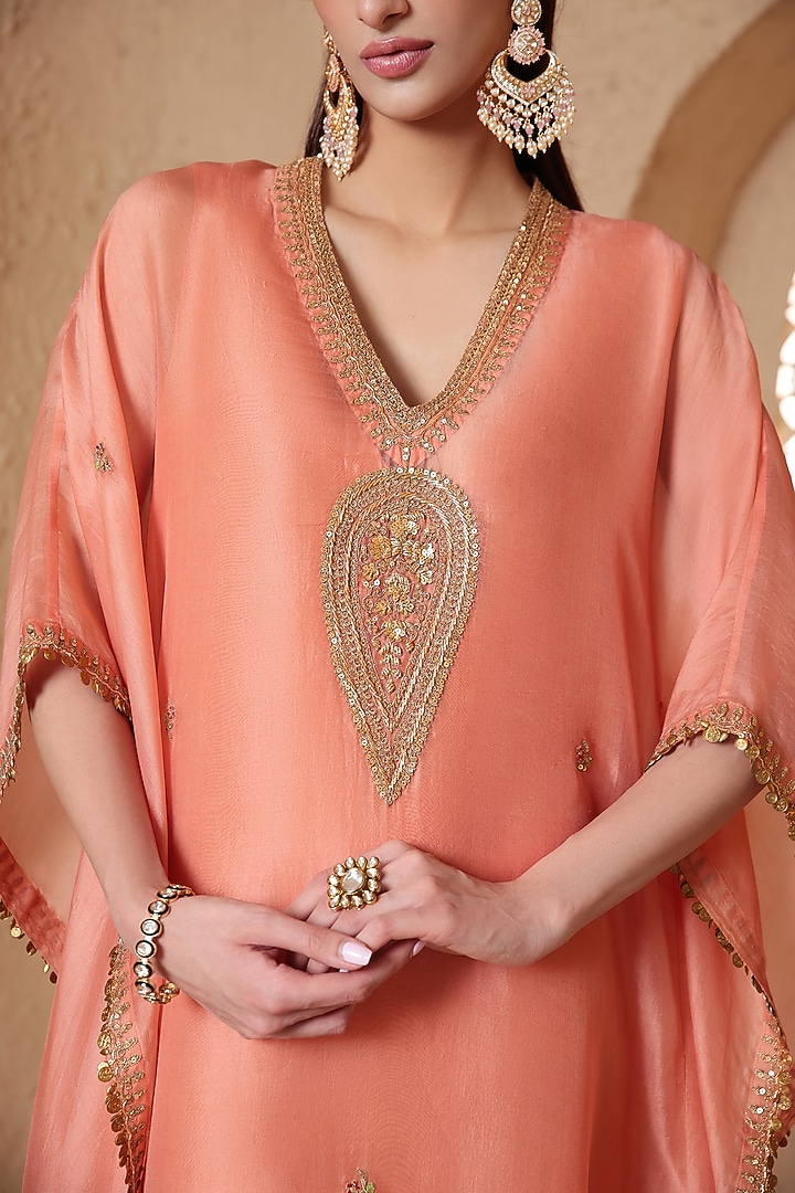 Peach Organza Zardozi Embroidered Kaftan by Niti Bothra at Pernia's Pop Up Shop