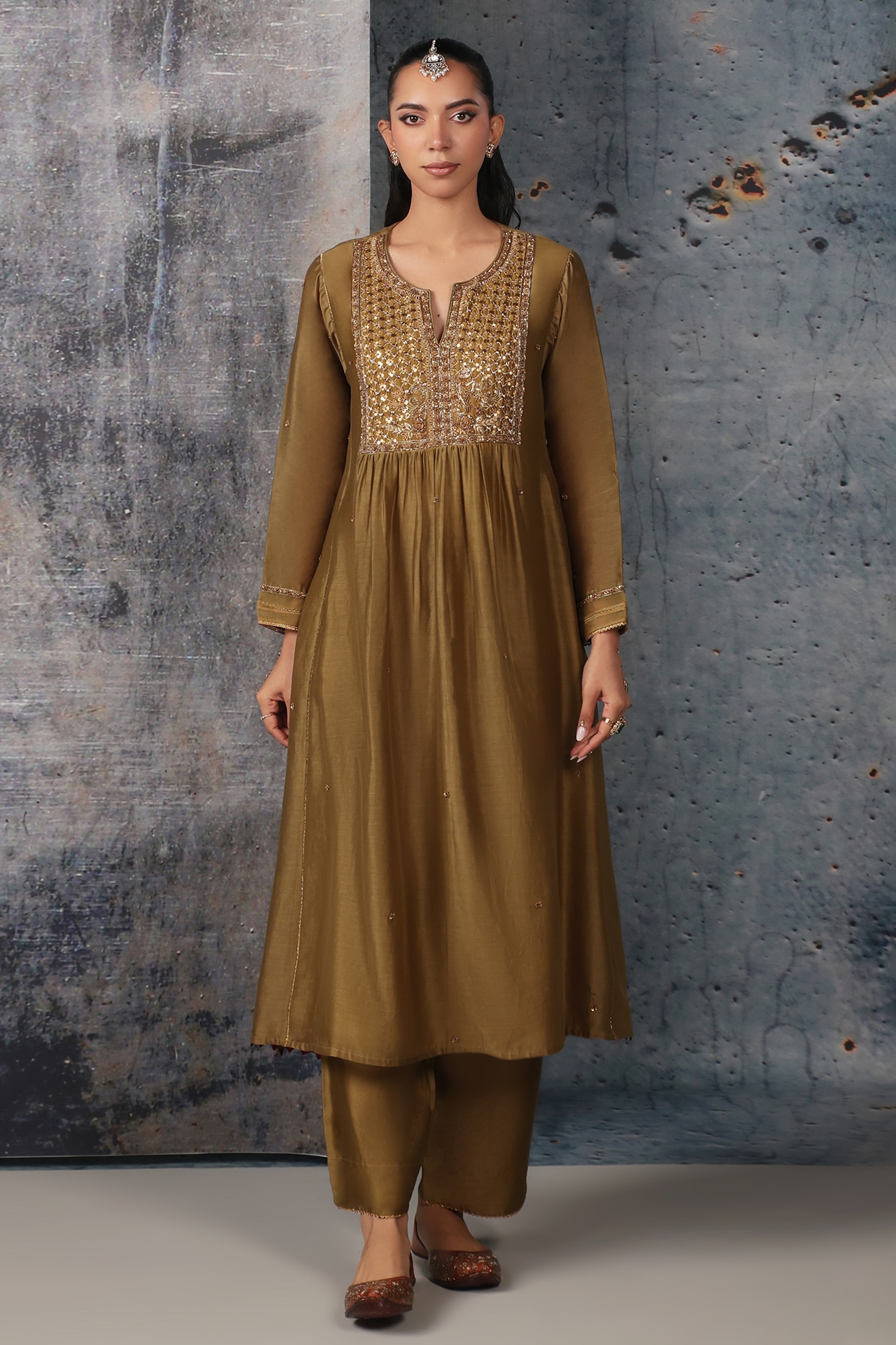Niti Bothra Olive Green Silk Chanderi Embroidered Frock-Style Kurta Set
