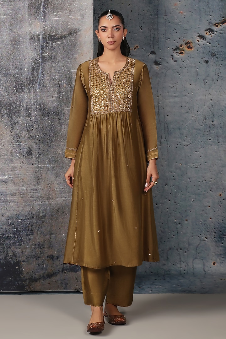 Olive Green Silk Chanderi Embroidered Frock-Style Kurta Set by Niti Bothra at Pernia's Pop Up Shop
