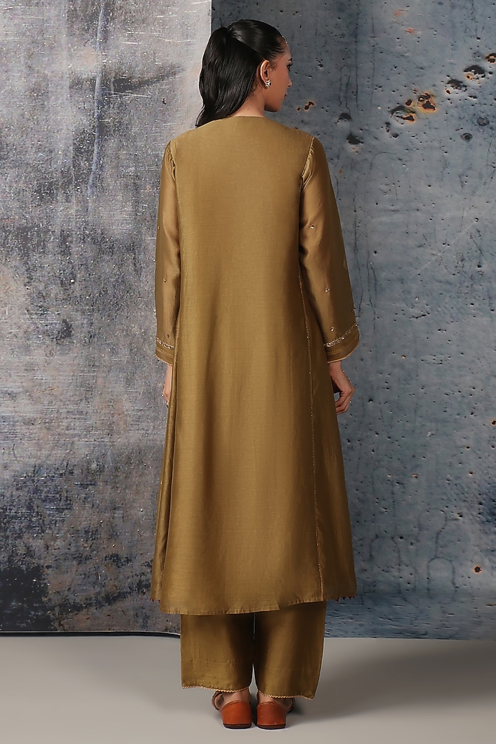 Olive Green Silk Chanderi Embroidered Frock-Style Kurta Set by Niti Bothra at Pernia's Pop Up Shop
