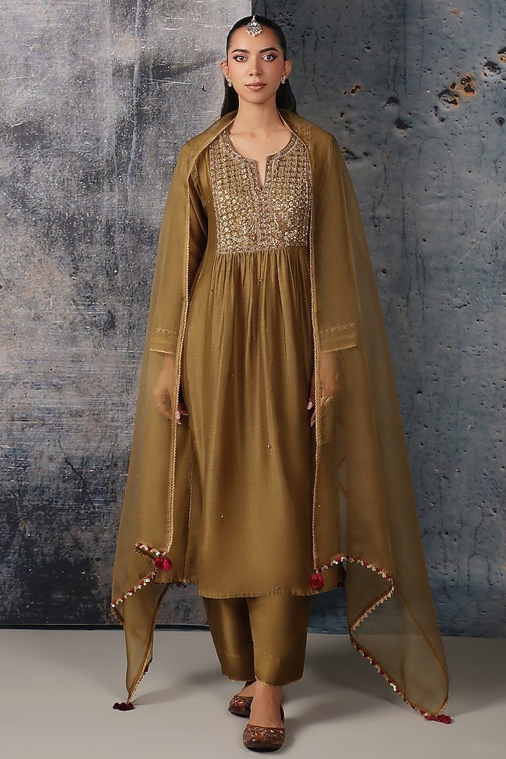Olive Green Silk Chanderi Embroidered Frock-Style Kurta Set by Niti Bothra at Pernia's Pop Up Shop
