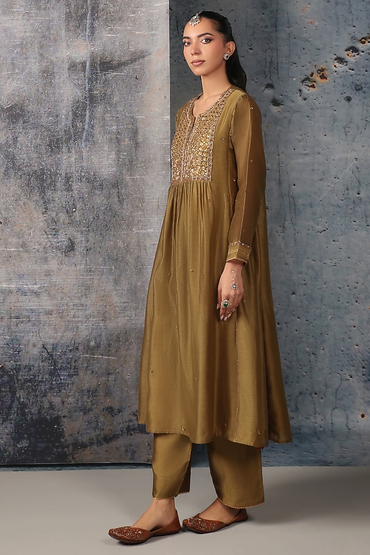 Olive Green Silk Chanderi Embroidered Frock-Style Kurta Set by Niti Bothra at Pernia's Pop Up Shop