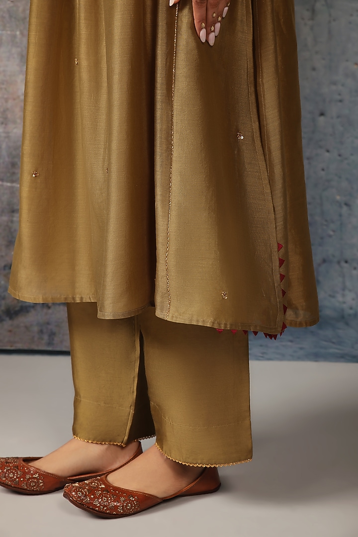 Olive Green Silk Chanderi Embroidered Frock-Style Kurta Set by Niti Bothra at Pernia's Pop Up Shop