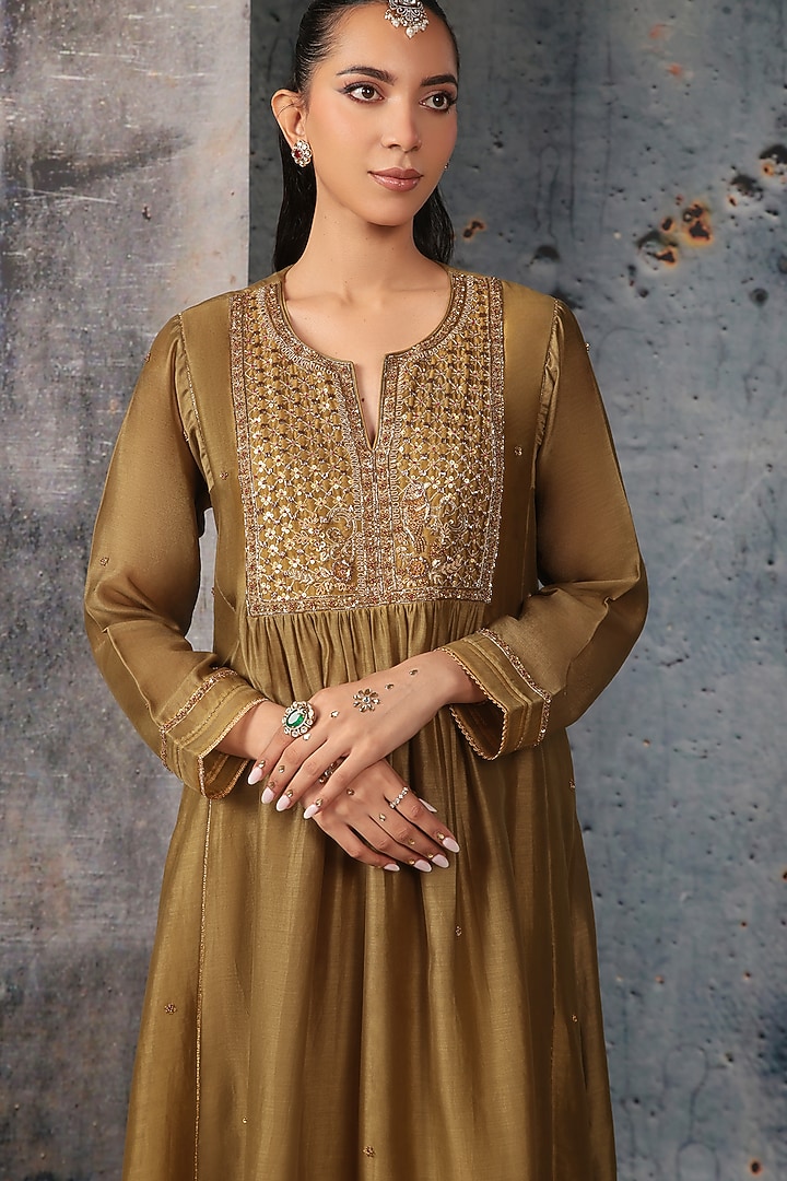Olive Green Silk Chanderi Embroidered Frock-Style Kurta Set by Niti Bothra at Pernia's Pop Up Shop