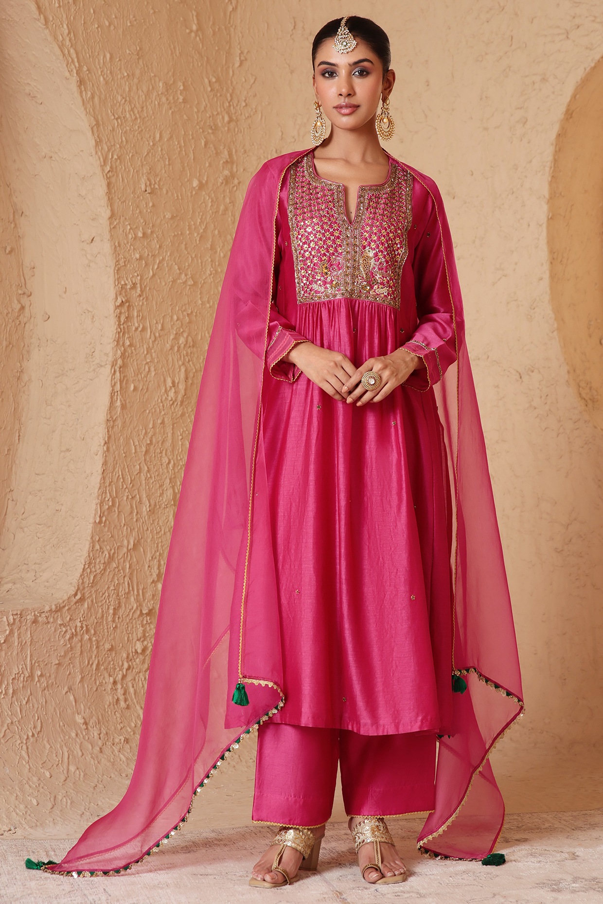 Niti Bothra Pink Silk Chanderi Embroidered Frock-Style Kurta Set