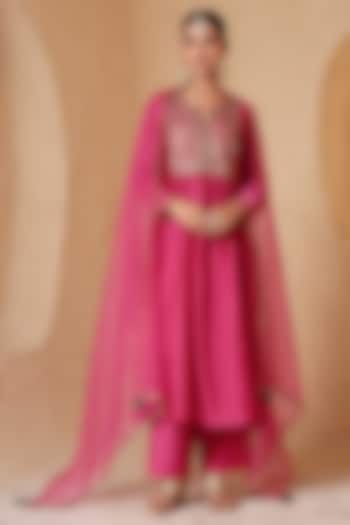  Pink Silk Chanderi Embroidered Frock-Style Kurta Set  by Niti Bothra at Pernia's Pop Up Shop