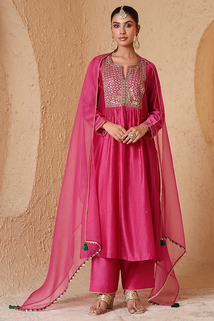  Pink Silk Chanderi Embroidered Frock-Style Kurta Set  by Niti Bothra at Pernia's Pop Up Shop