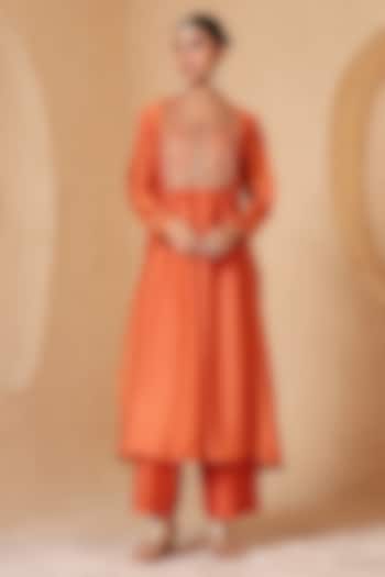  Orange Silk Chanderi Embroidered Frock-Style Kurta Set  by Niti Bothra at Pernia's Pop Up Shop