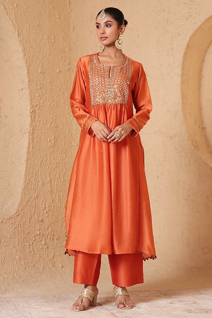  Orange Silk Chanderi Embroidered Frock-Style Kurta Set  by Niti Bothra at Pernia's Pop Up Shop