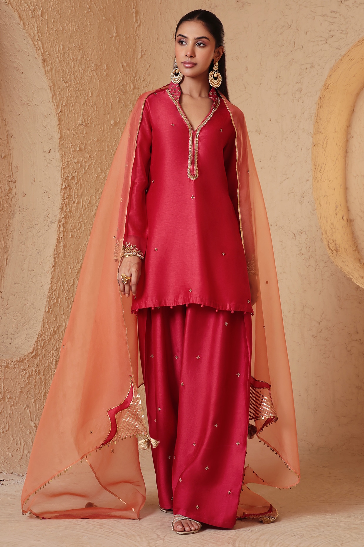 Niti Bothra Red Silk Chanderi Zardozi Embroidered Short Kurta Set